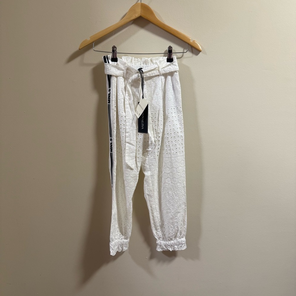 NEW MonnaLisa white Eyelet Lace Pant Belted Jogger Girls Sz 8 Made in Italy